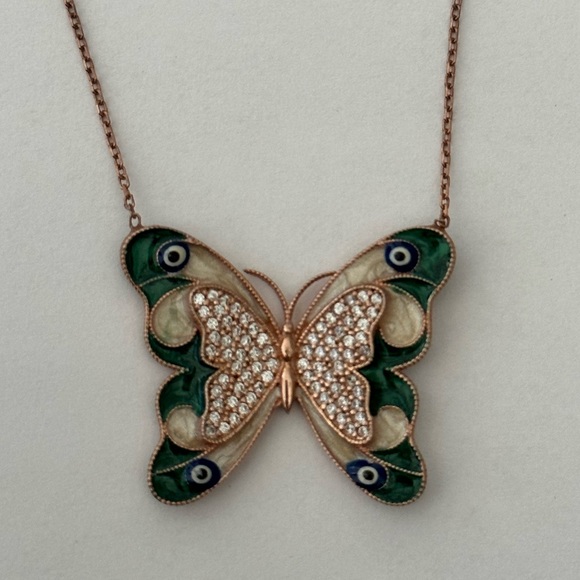 925 Silver green butterfly necklace evil eye 14k rose gold plated